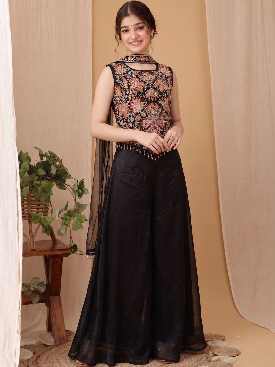 Inddus Girls Floral Embroidered Regular Thread Work Kurti with Palazzos & With Dupatta-picture-35