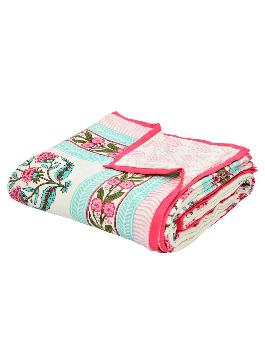 BLOCKS OF INDIA Pink & Turquoise Blue Floral AC Room 150 GSM Dohar-image-23