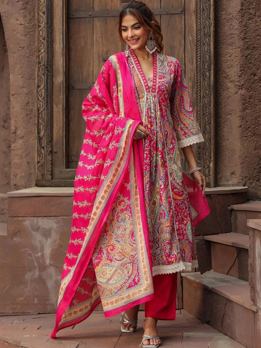 SAK JAIPUR Women Paisley Printed Angrakha Kurta with Trousers & With Dupatta-picture-51