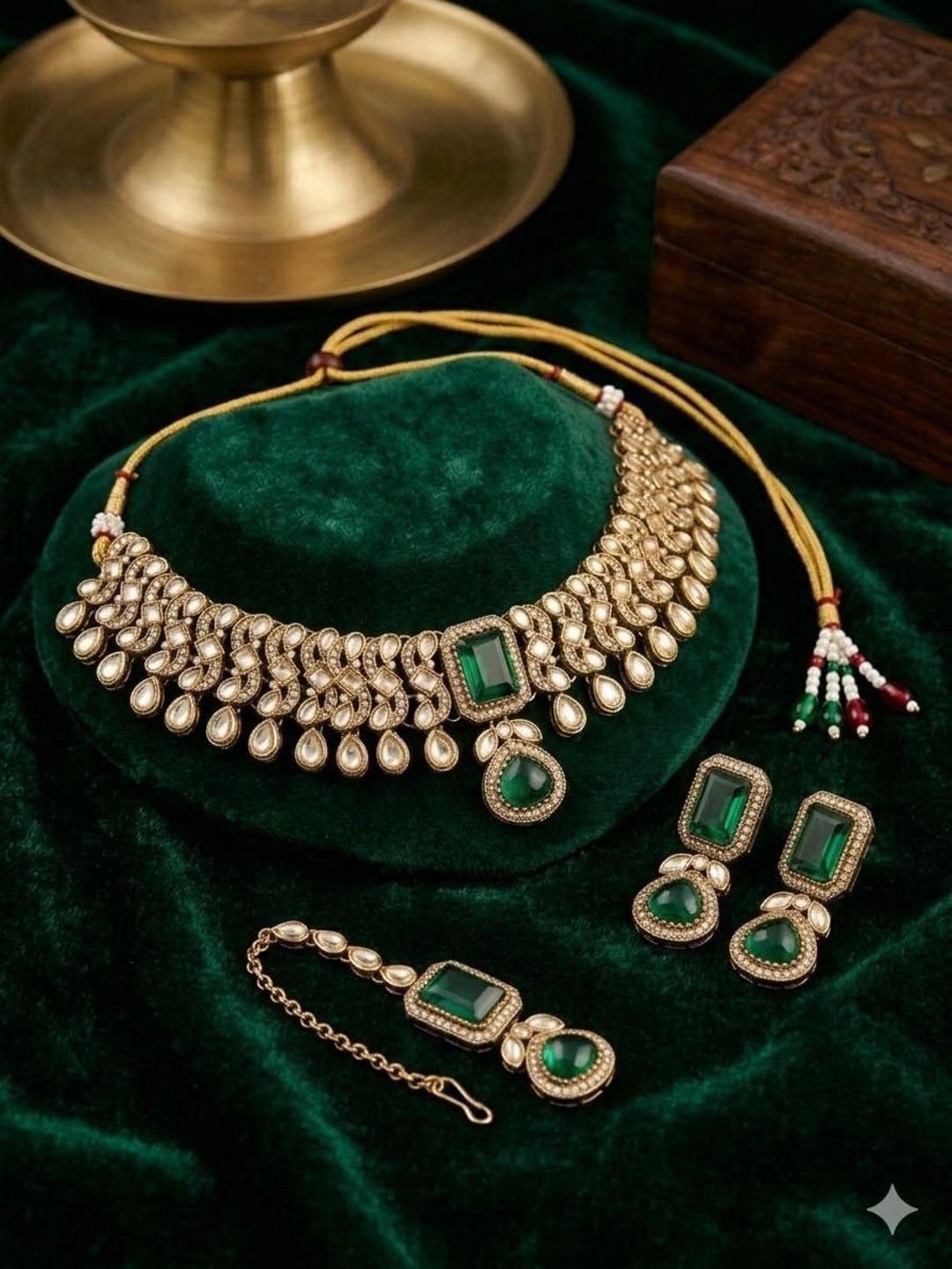 BFC - BUY FOR CHANGE Gold-Plated Antique Stone Studded & Beaded Maang Tika and Earrings-picture-51