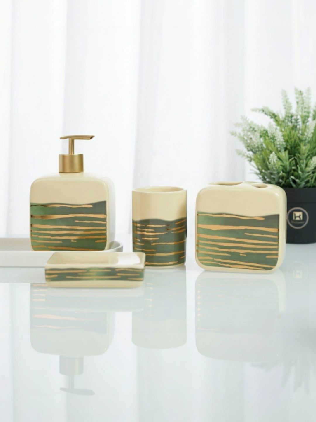 Kookee Beige 4 piece Abstract Ceramic Bath Accessories Set-picture-23