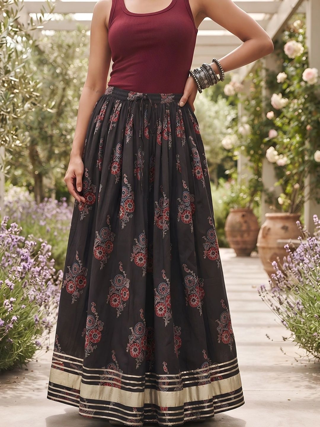 Nayo Women Pure Cotton Floral Maxi Flared Skirt-image-7