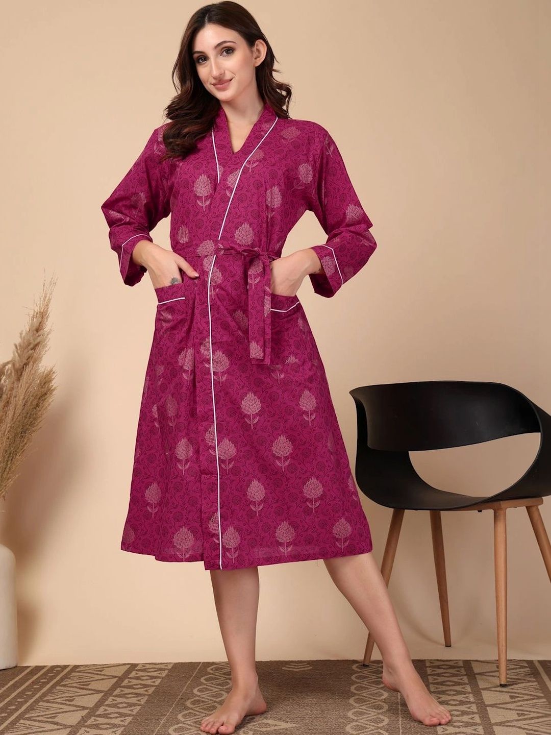 Myntra Elegant Homes Pink Floral Printed Pure Cotton Bath Robe With Belt-image-17