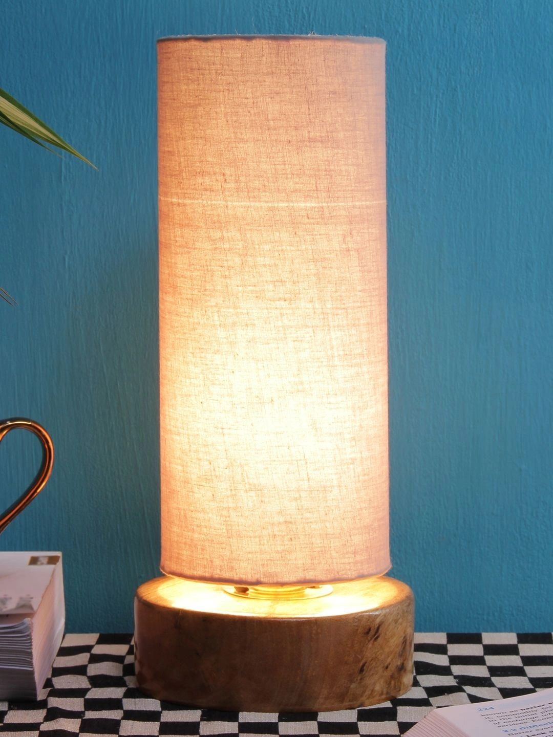 Myntra Elegant Homes Grey Textured Wood Traditional Cylindrical Shaped Table Lamp-picture-18
