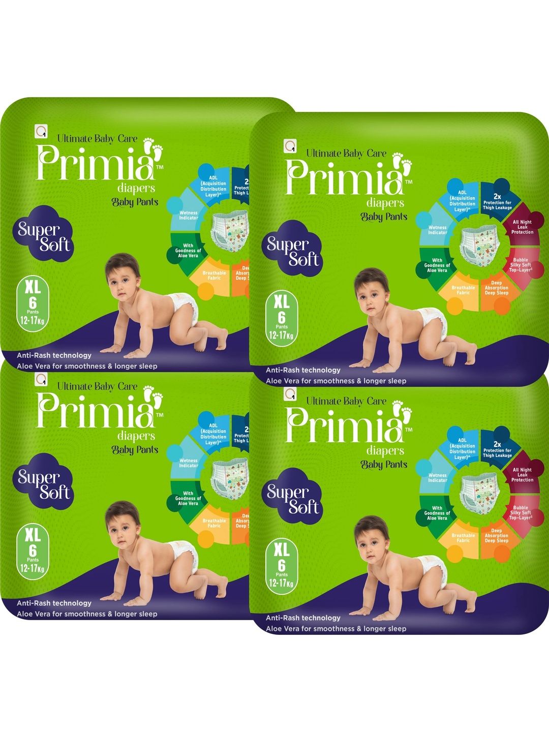 Primia Set Of 4 Baby Diaper Pants with Aloe Vera & Anti -Rash Technology - 6Pcs Each-picture-10