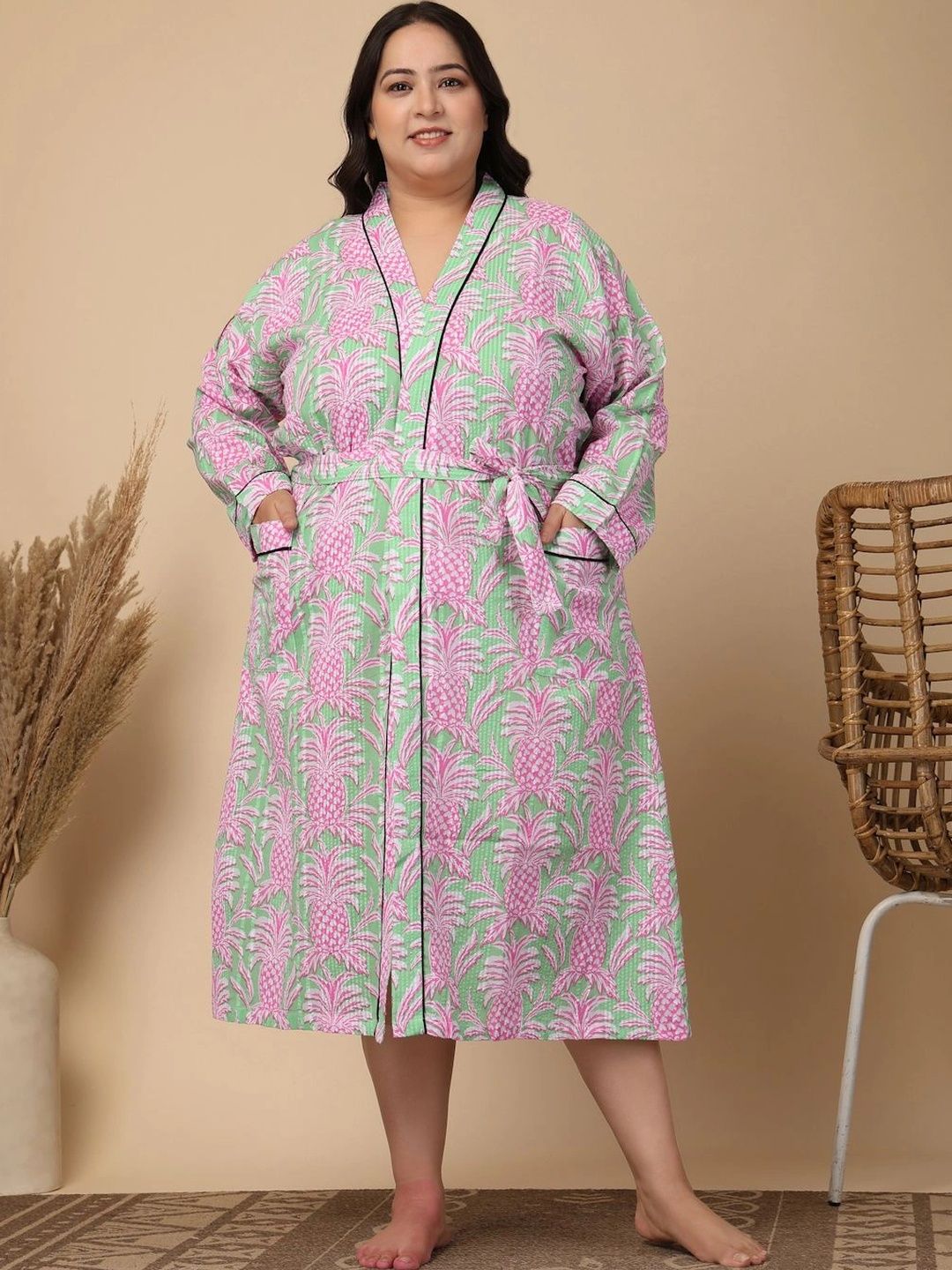 Myntra Elegant Homes Green Printed Pure Cotton Bath Robe With Belt-picture-41