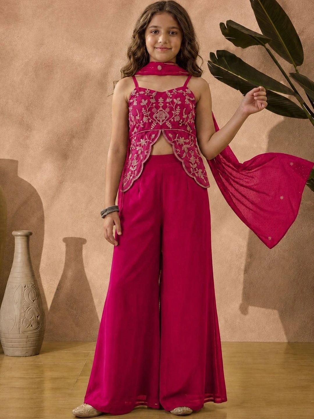 KALINI Girls Ethnic Motifs Embroidered Regular Thread Work Kurti with Palazzos & With Dupatta-picture-37