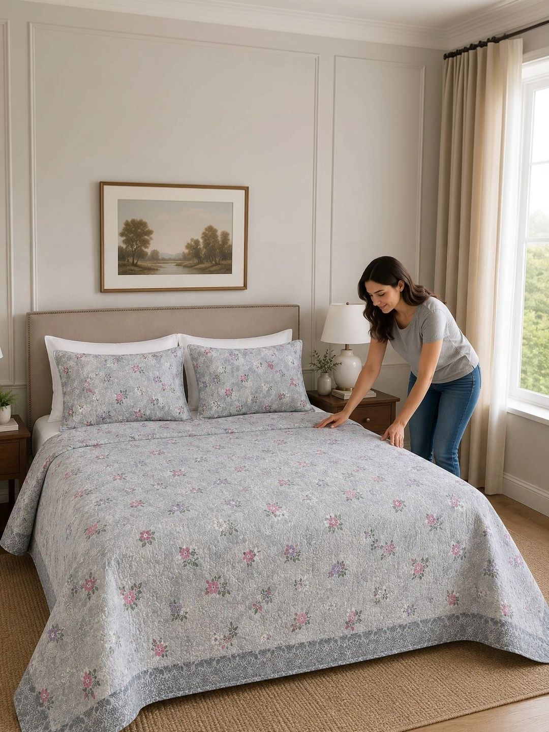 Supreme Home Collective White & Grey Floral AC Room 300 GSM Blanket-image-18