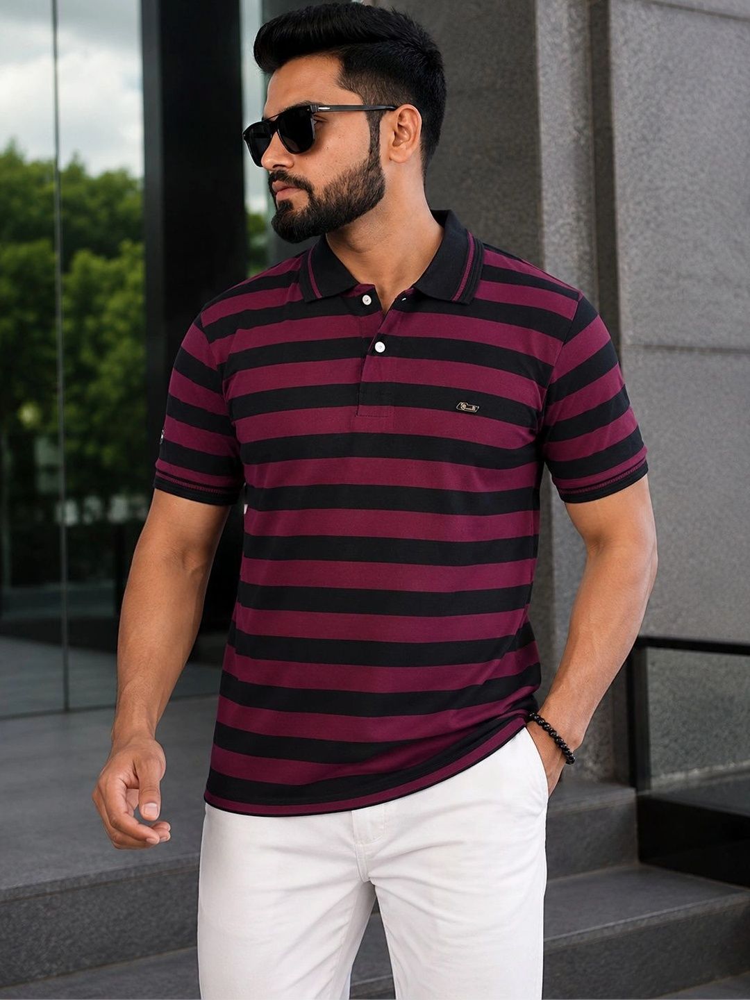 OZONECO Men Striped Polo Collar T-shirt-picture-17