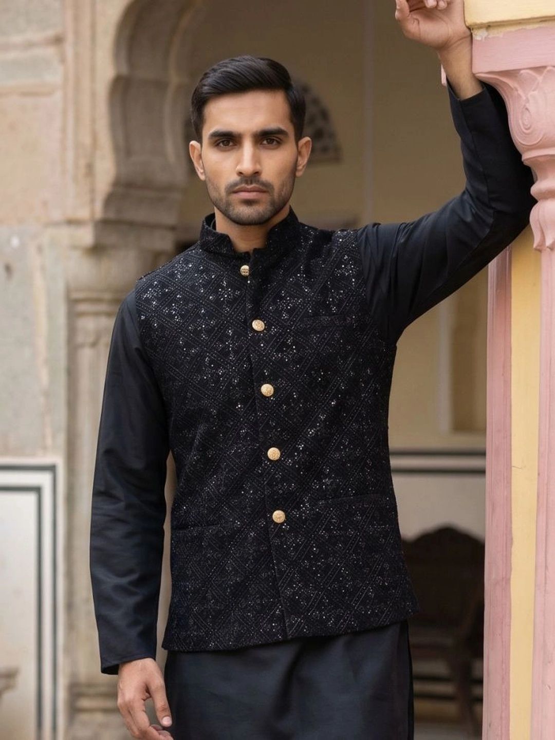 Jompers Embellished Velvet Nehru Jackets-picture-45