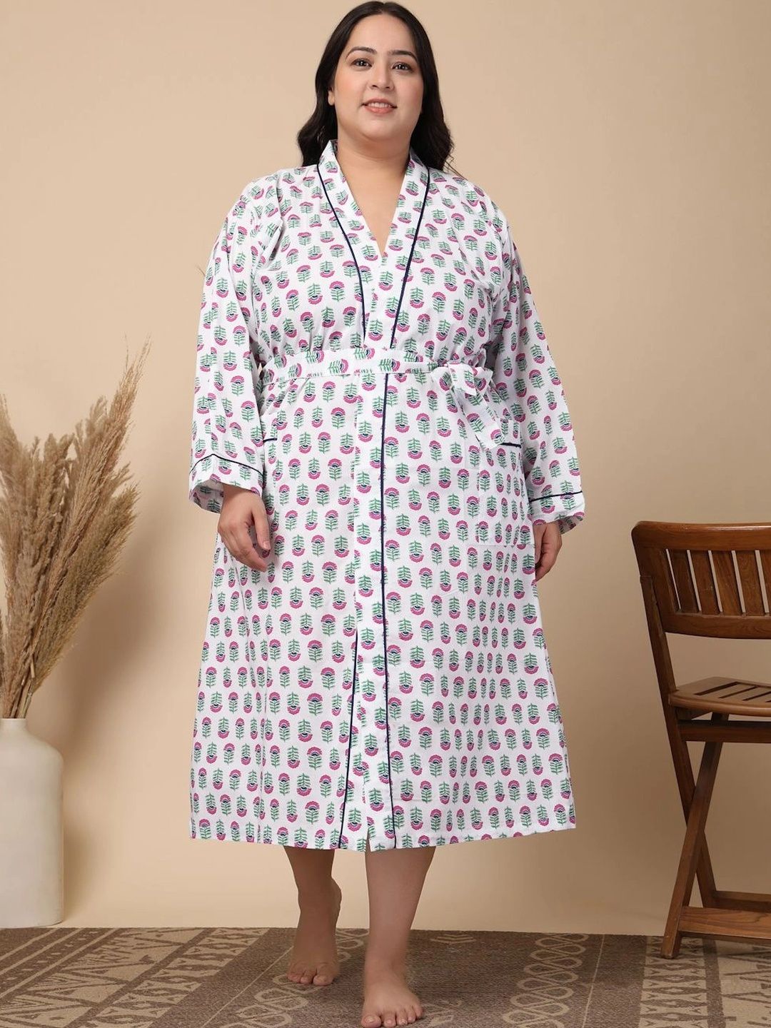 Myntra Elegant Homes White Floral Printed Pure Cotton Bath Robe With Belt-image-30