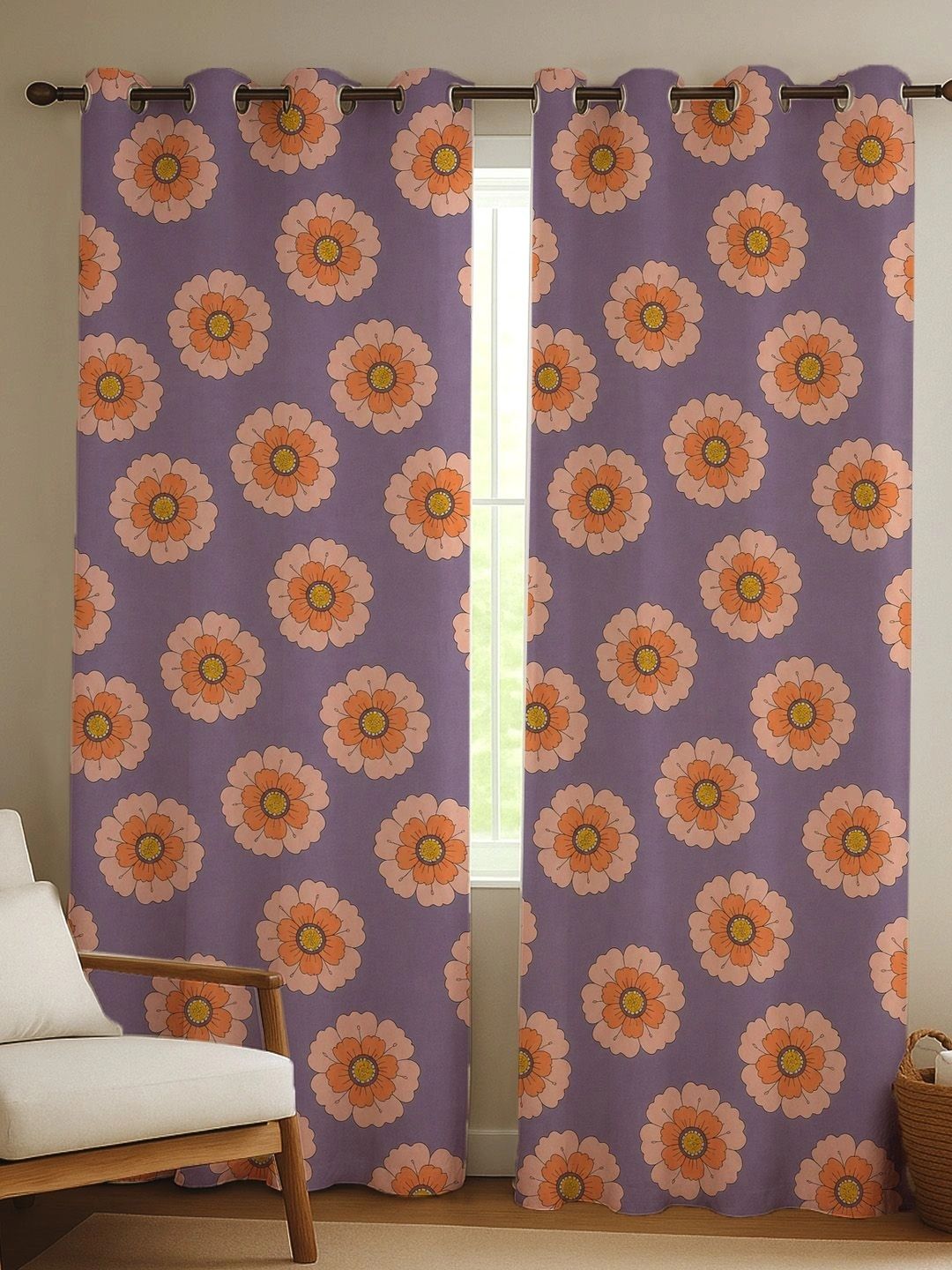 ANA Purple & Orange Set of 2 Floral Room Darkening Long Door Curtain-image-8
