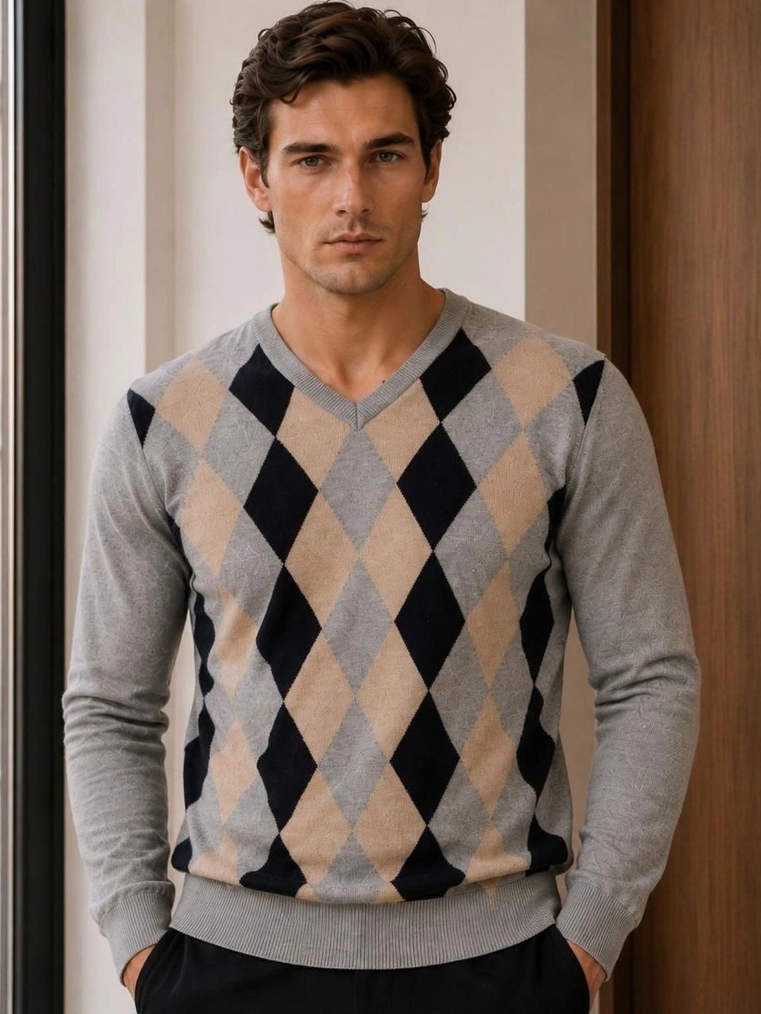 Moda Rapido Men Argyle Checked Woollen Pullover-picture-15