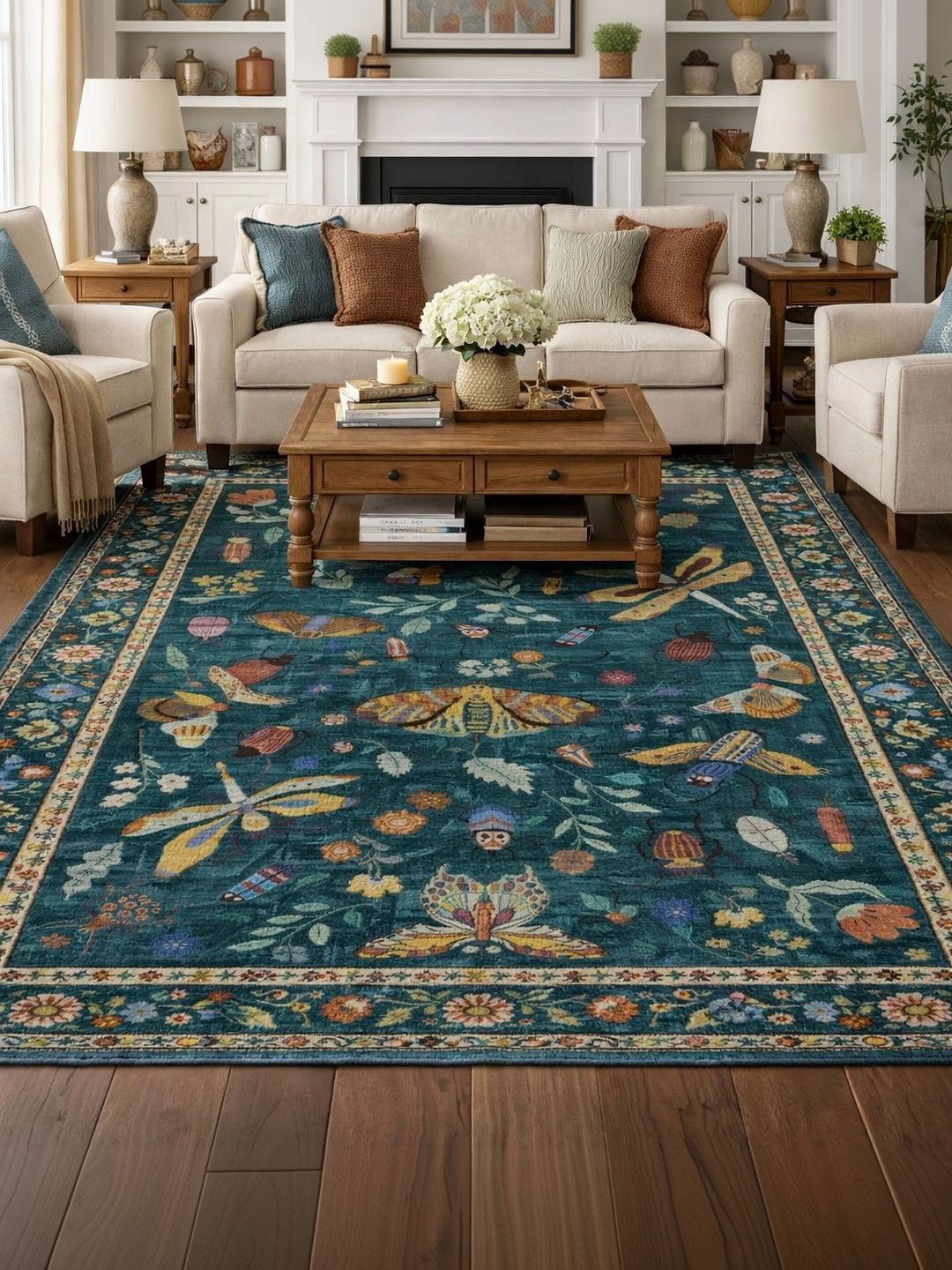 Myntra Elegant Homes Teal Floral Anti-Skid Polyester Carpet-image-3