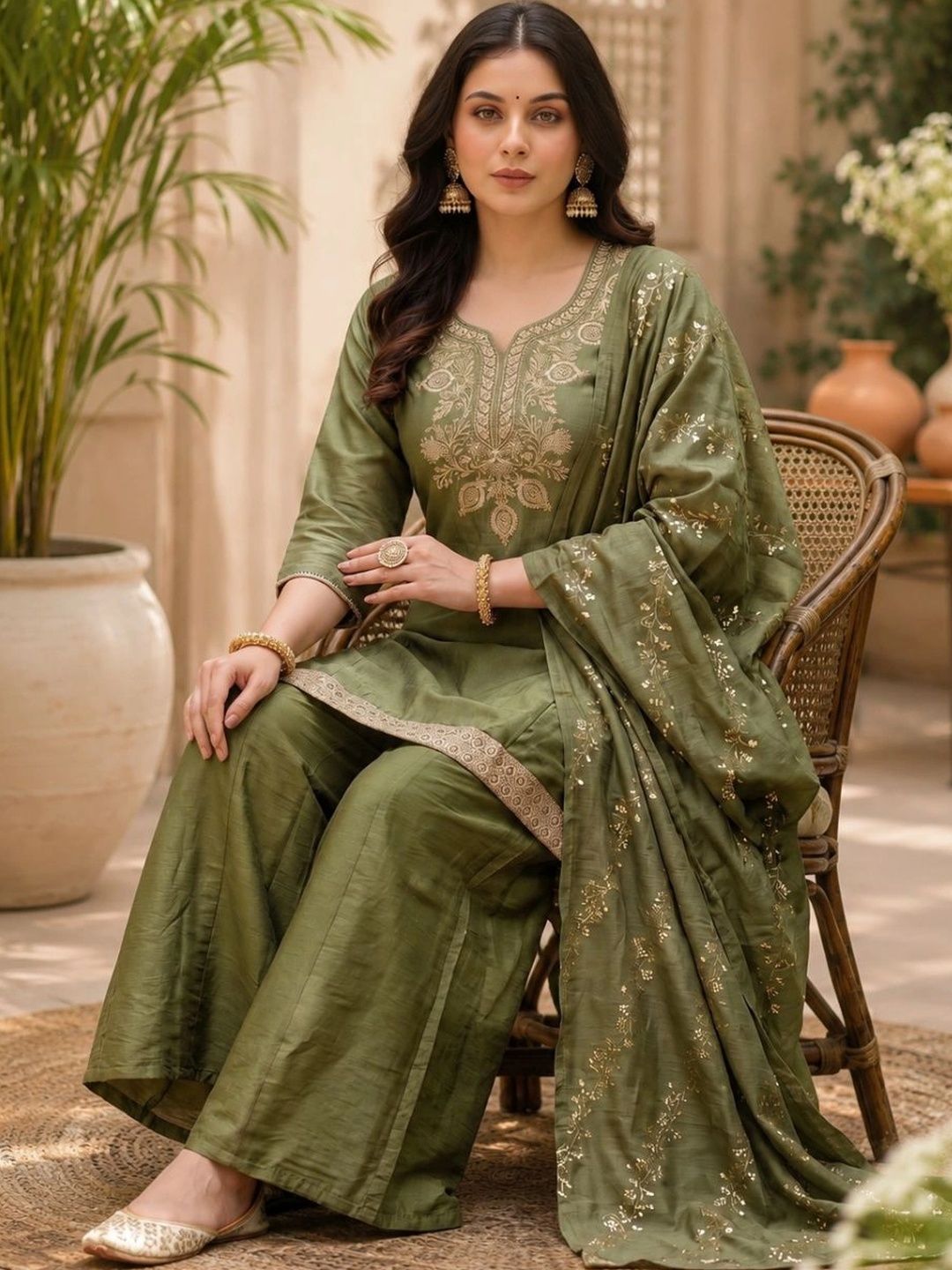 Sangria Women Ethnic Motifs Embroidered Regular Sequinned Kurta with Palazzos & With Dupatta-picture-35