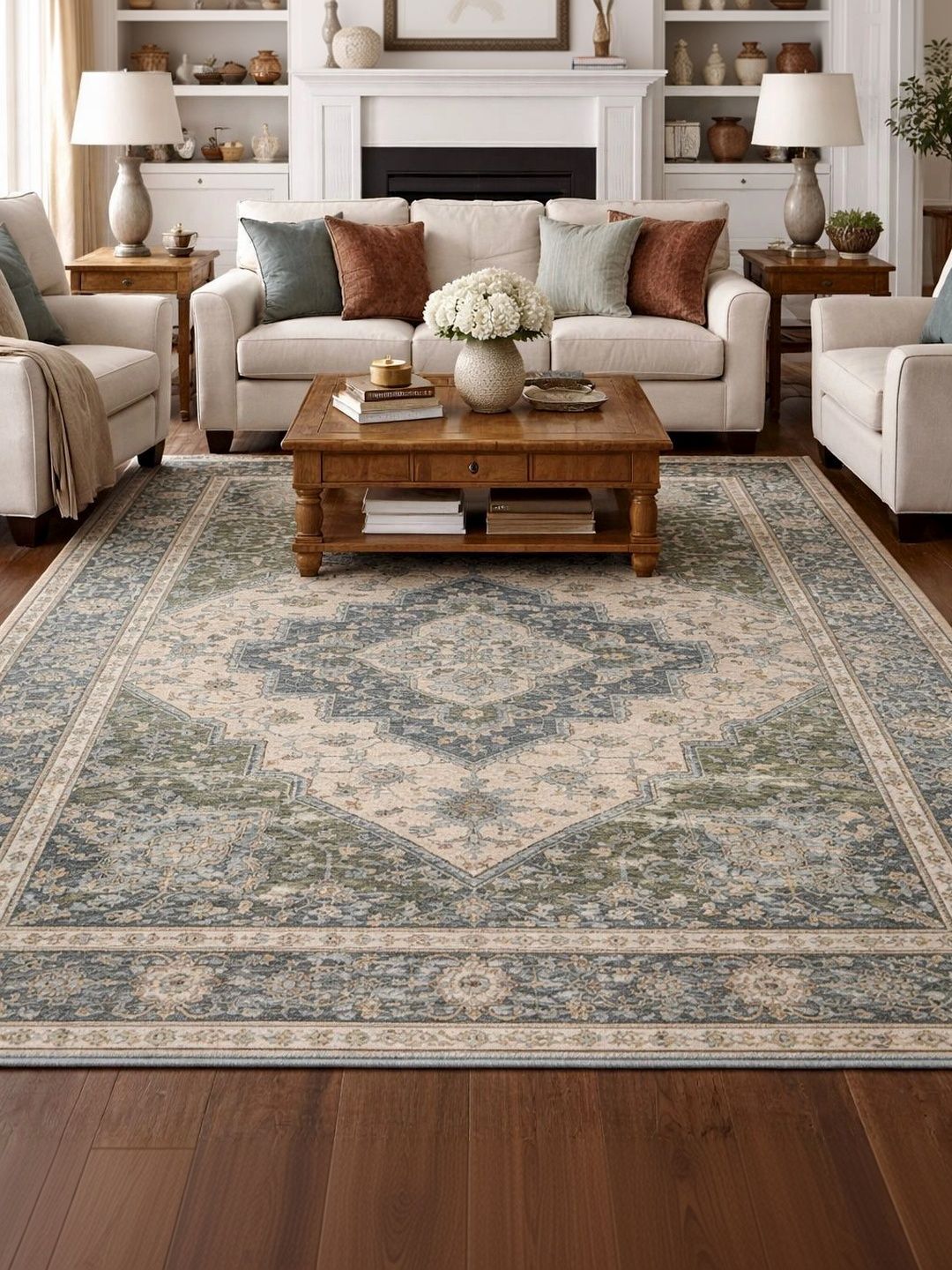 Myntra Elegant Homes Green Traditional Anti-Skid Polyester Carpet-image-49