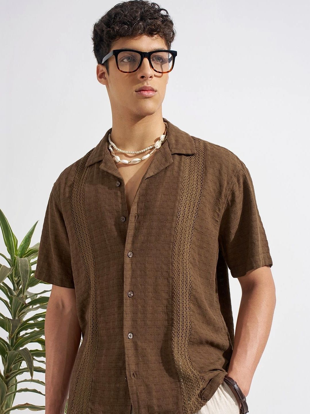 Highlander Men Brown Lace Embroidered Cuban Collar Relaxed Shirt-image-36