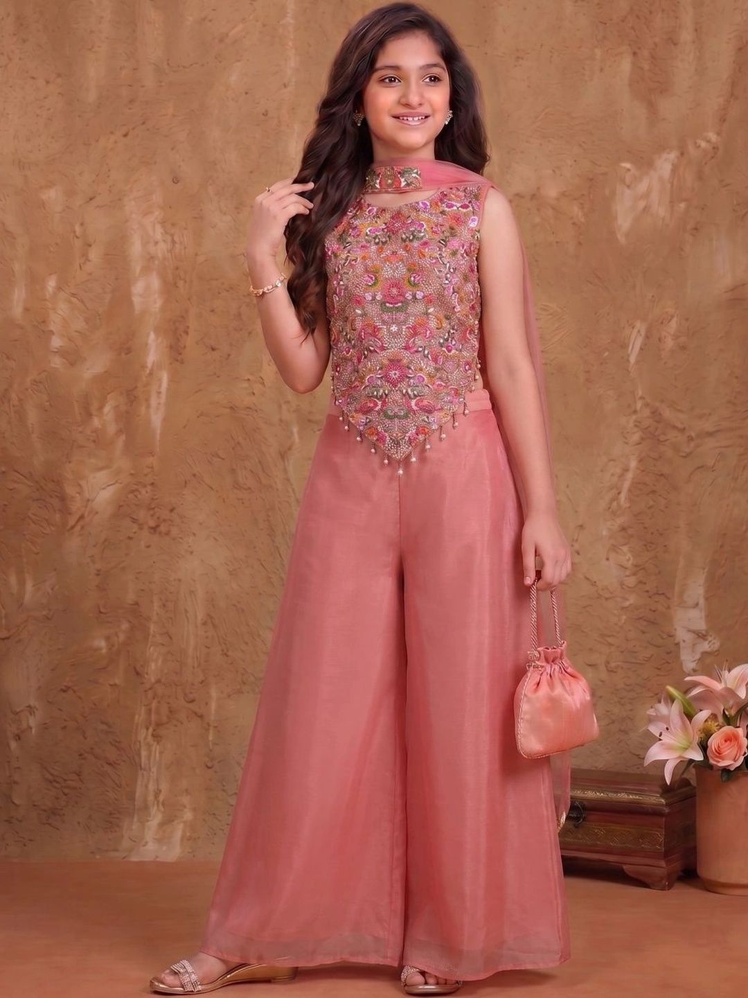 Inddus Girls Floral Embroidered Regular Thread Work Kurta with Palazzos & With Dupatta-picture-38