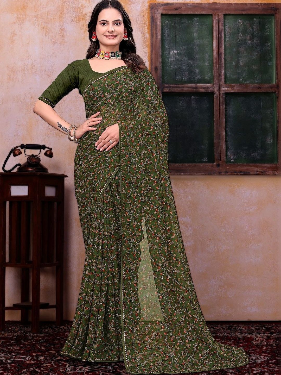 KANURIKAA Floral Poly Georgette Bandhani Saree-image-36