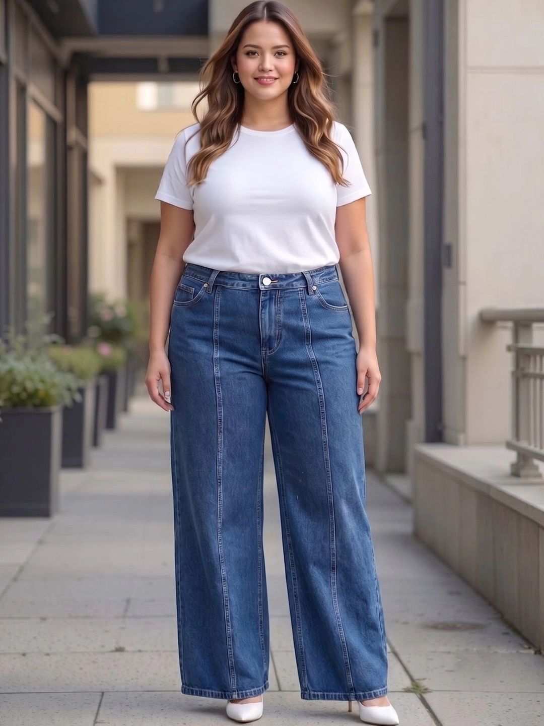 Style Quotient Plus Women Classic Wide Leg High-Rise Light Fade Stretchable Jeans-picture-12