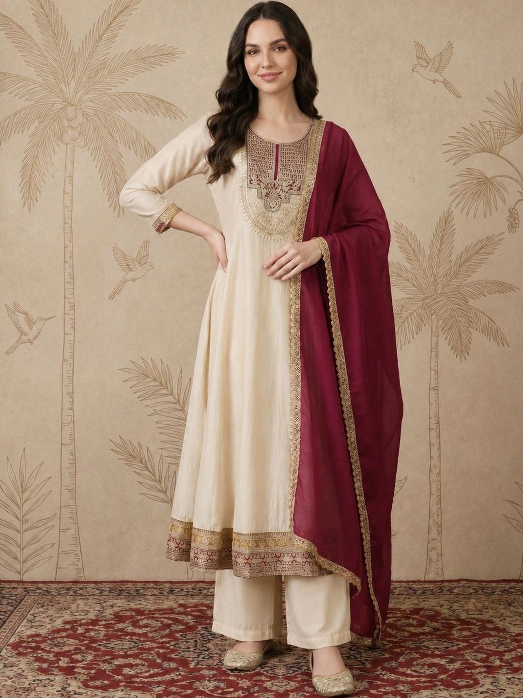 Sangria Women Ethnic Motifs Embroidered Regular Kurta with Palazzos & With Dupatta-picture-42