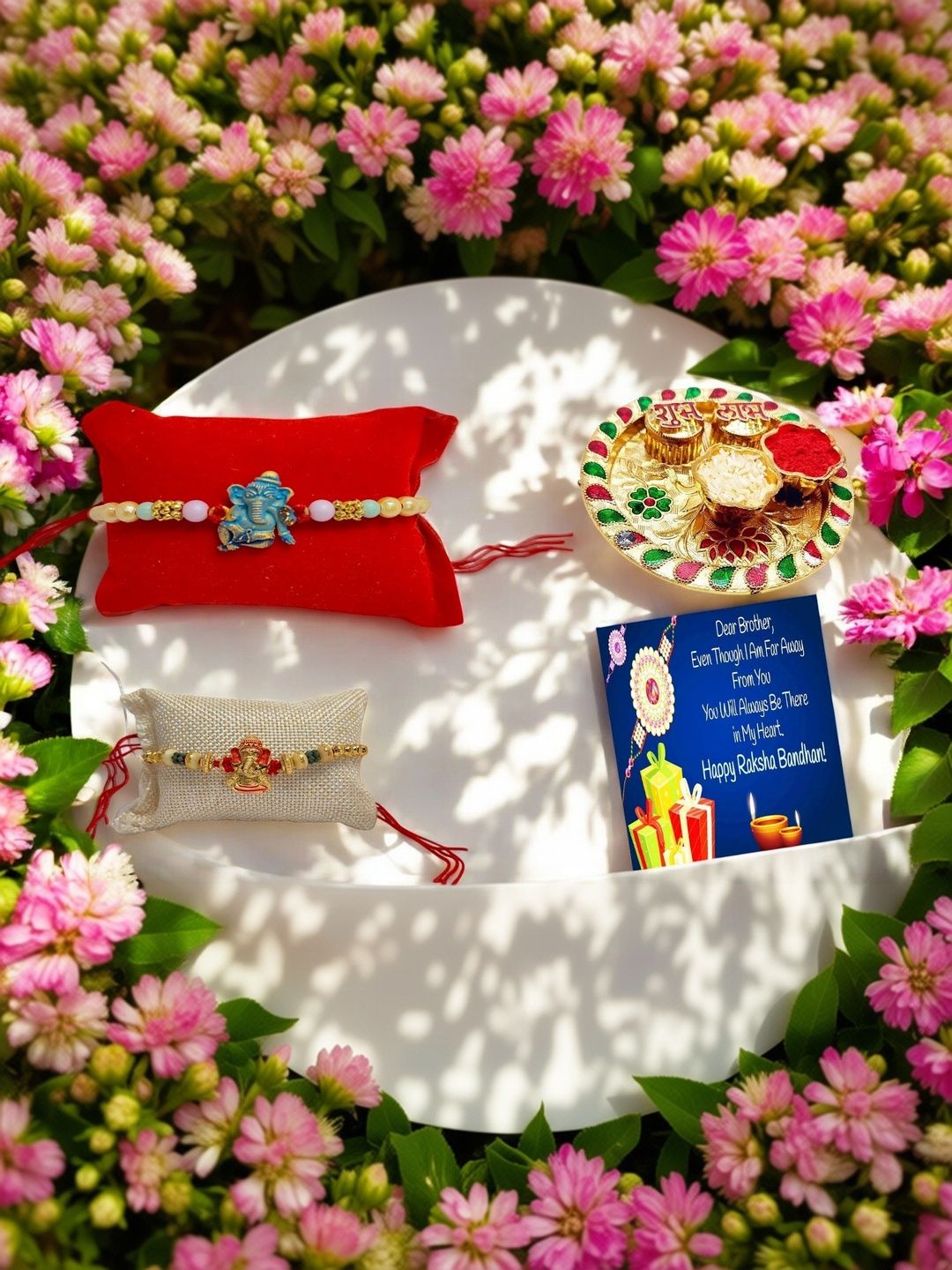 SPRHA Boys Set Of 2 Beaded Thread Rakhi With Pooja Thali And Greeting Card-image-40