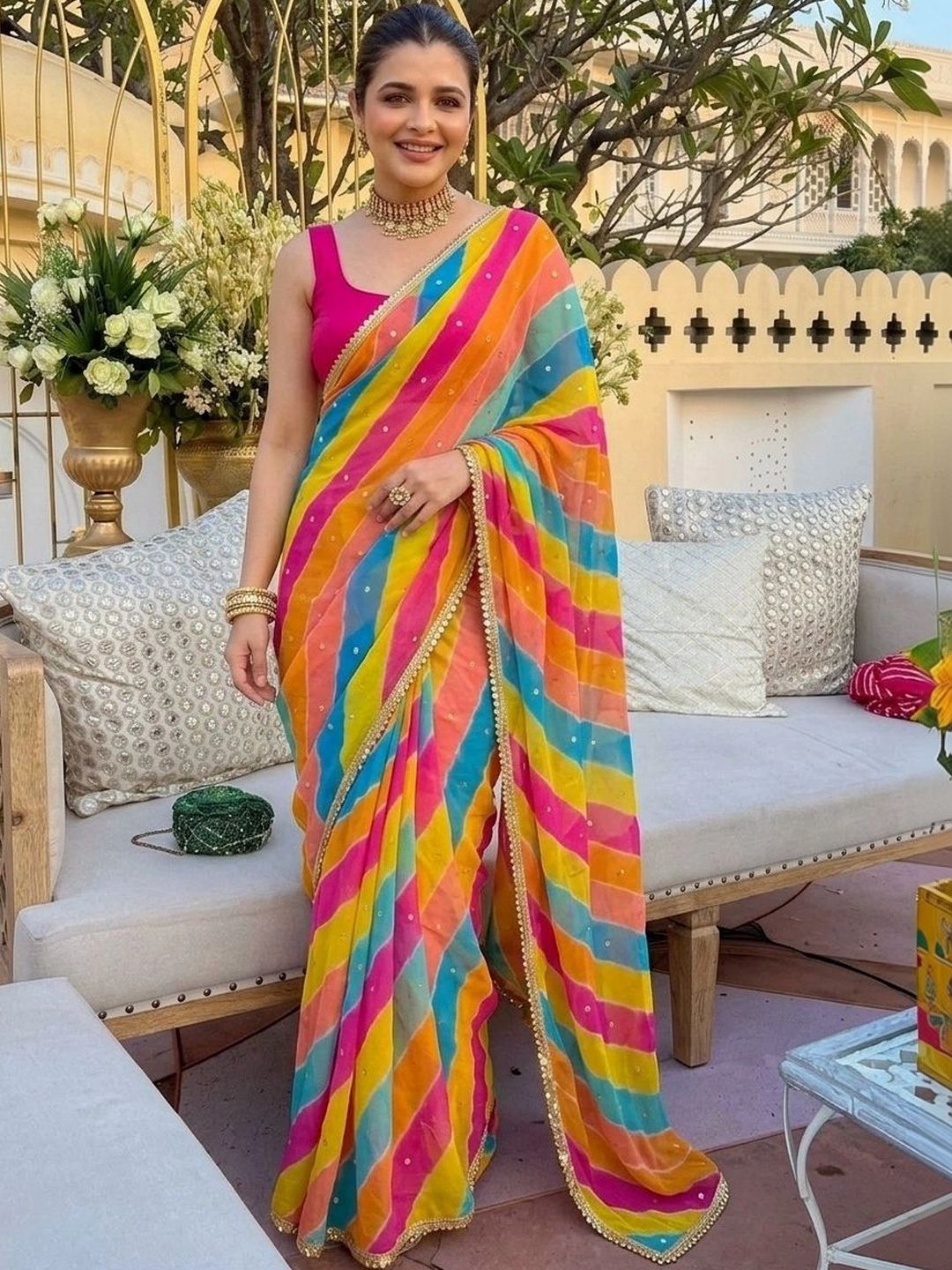 Sangria Leheriya Beads and Stones Pure Georgette Leheriya Saree-picture-29
