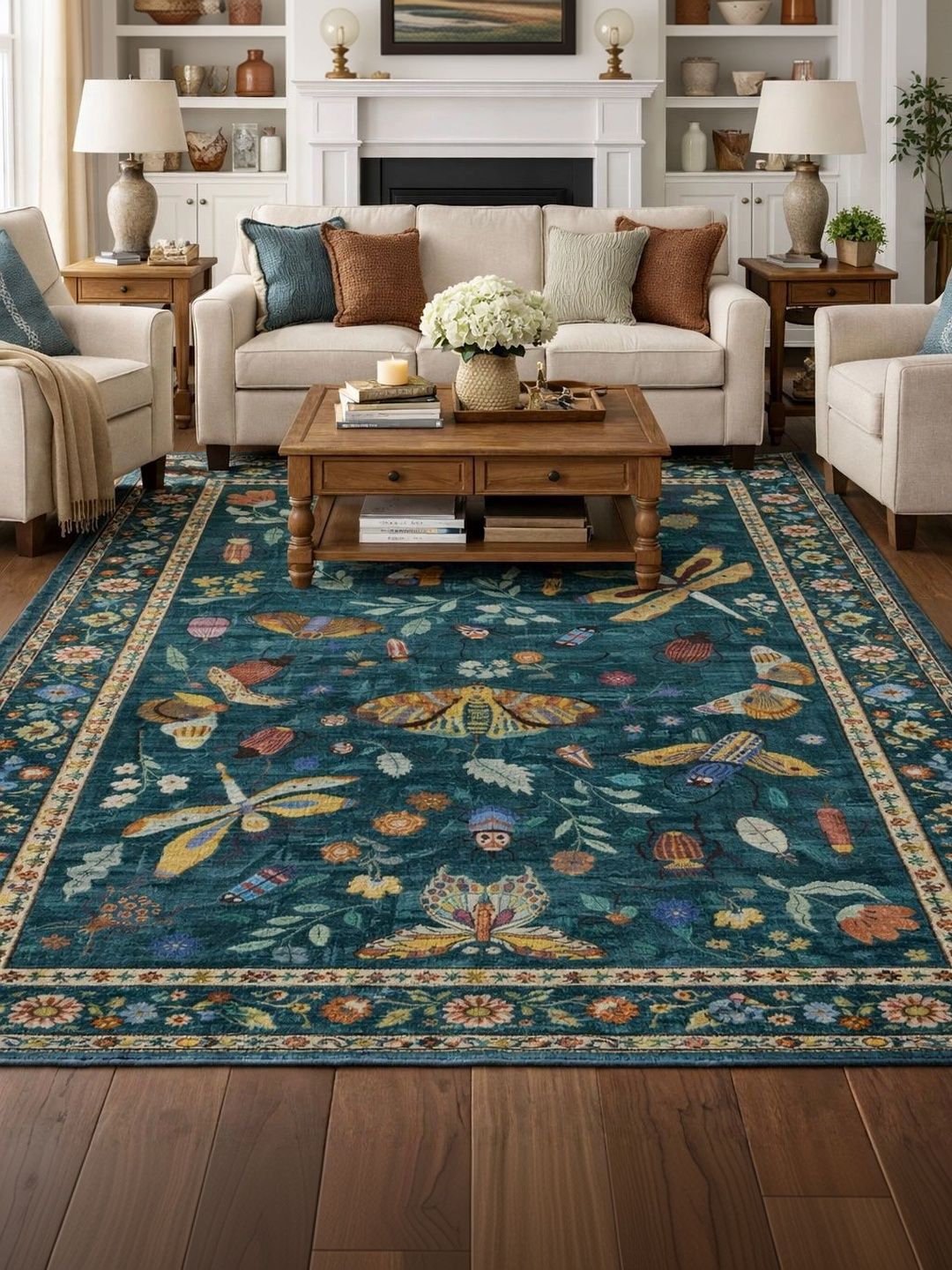 Myntra Elegant Homes Teal Floral Anti-Skid Polyester Carpet-picture-43