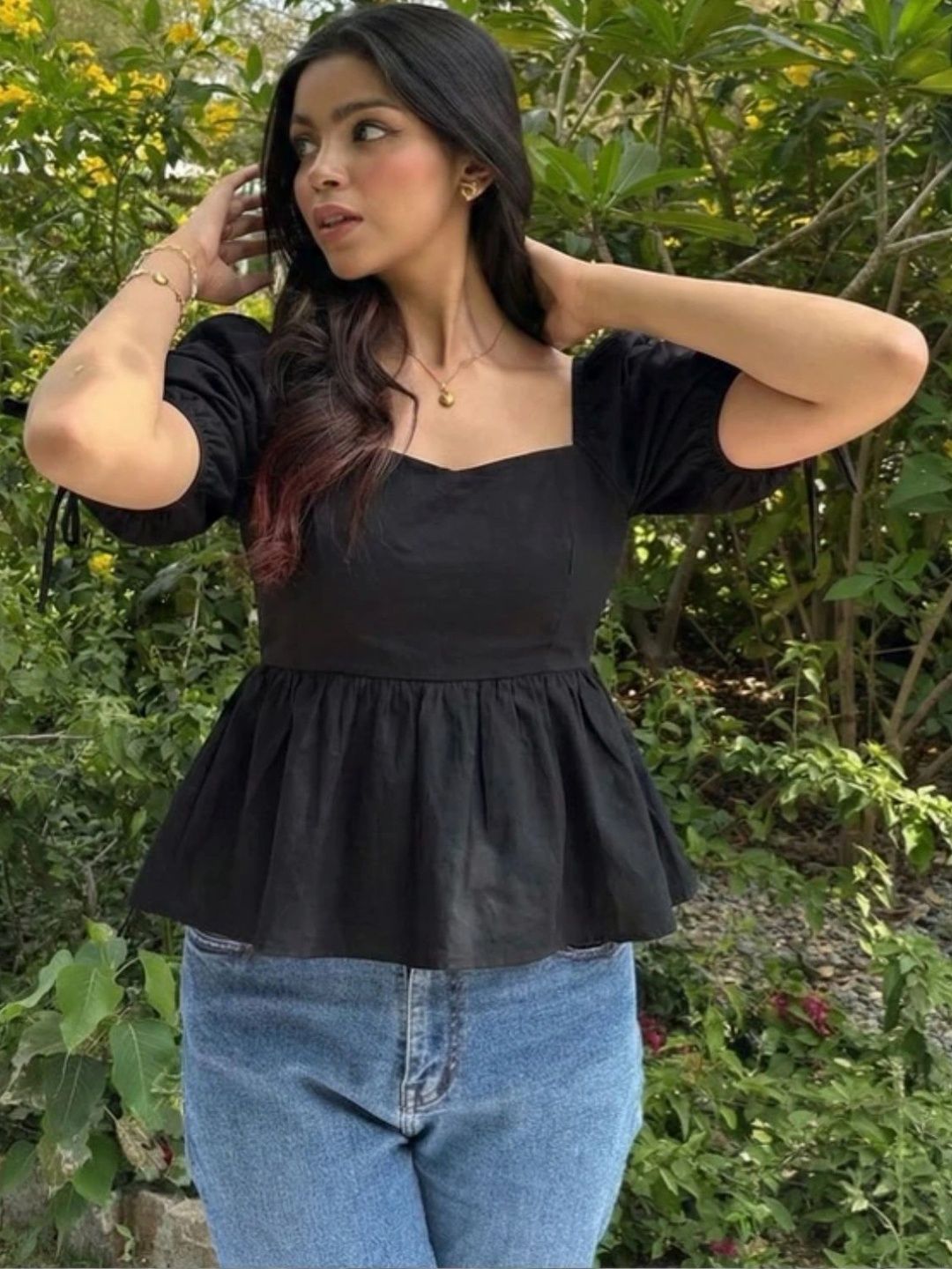 HIBIKI Puff Sleeve Cotton Blend Peplum Top-picture-51
