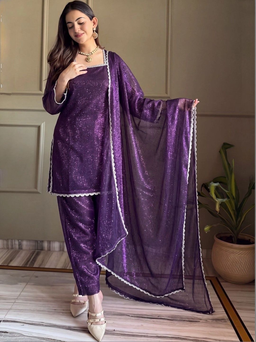 SHREEKALI Women Regular Sequinned Silk Chiffon Kurta with Patiala & With Dupatta-picture-32