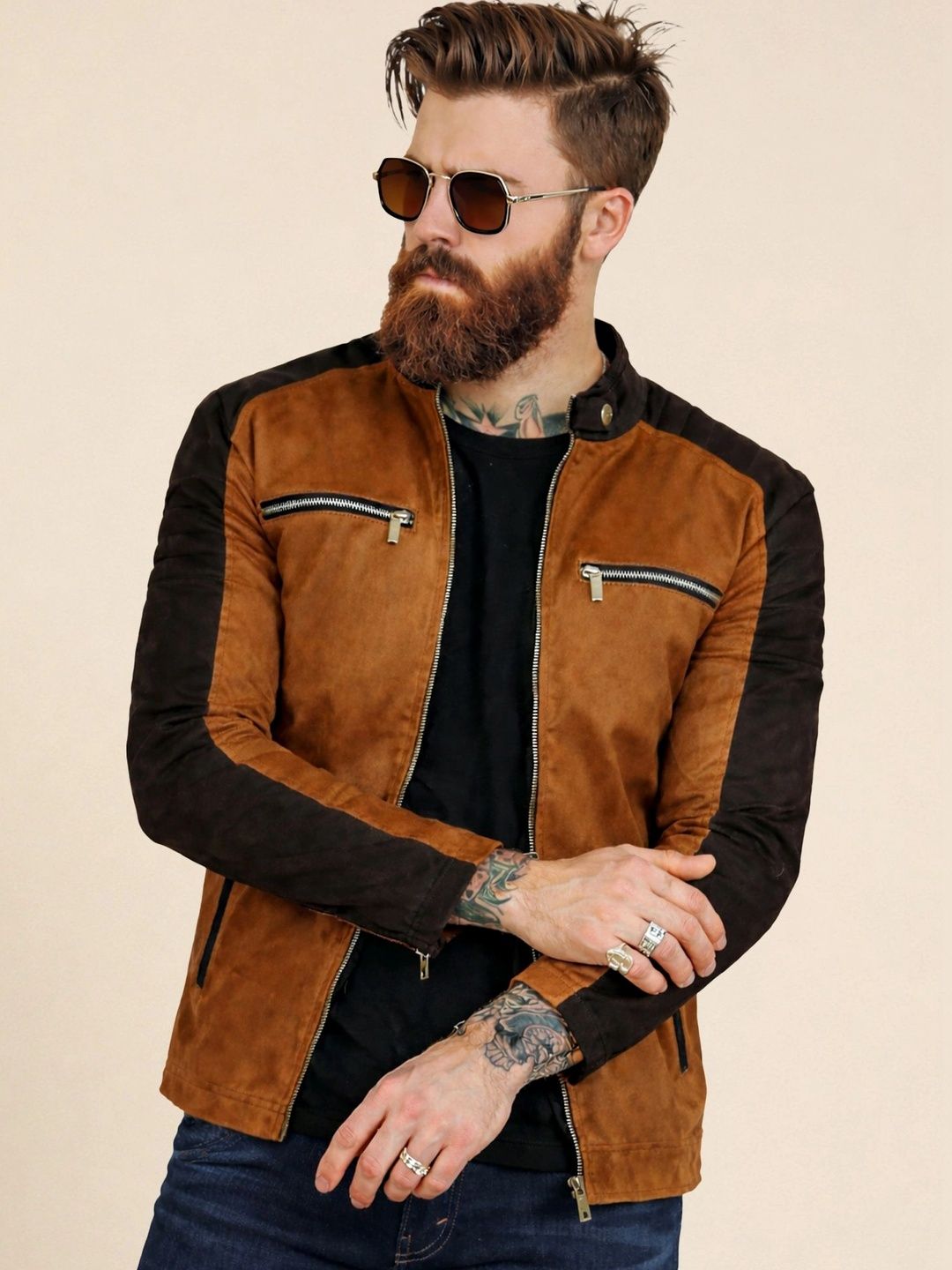 Leather Retail Men Colourblocked Suede Outdoor Biker Jacket-picture-19