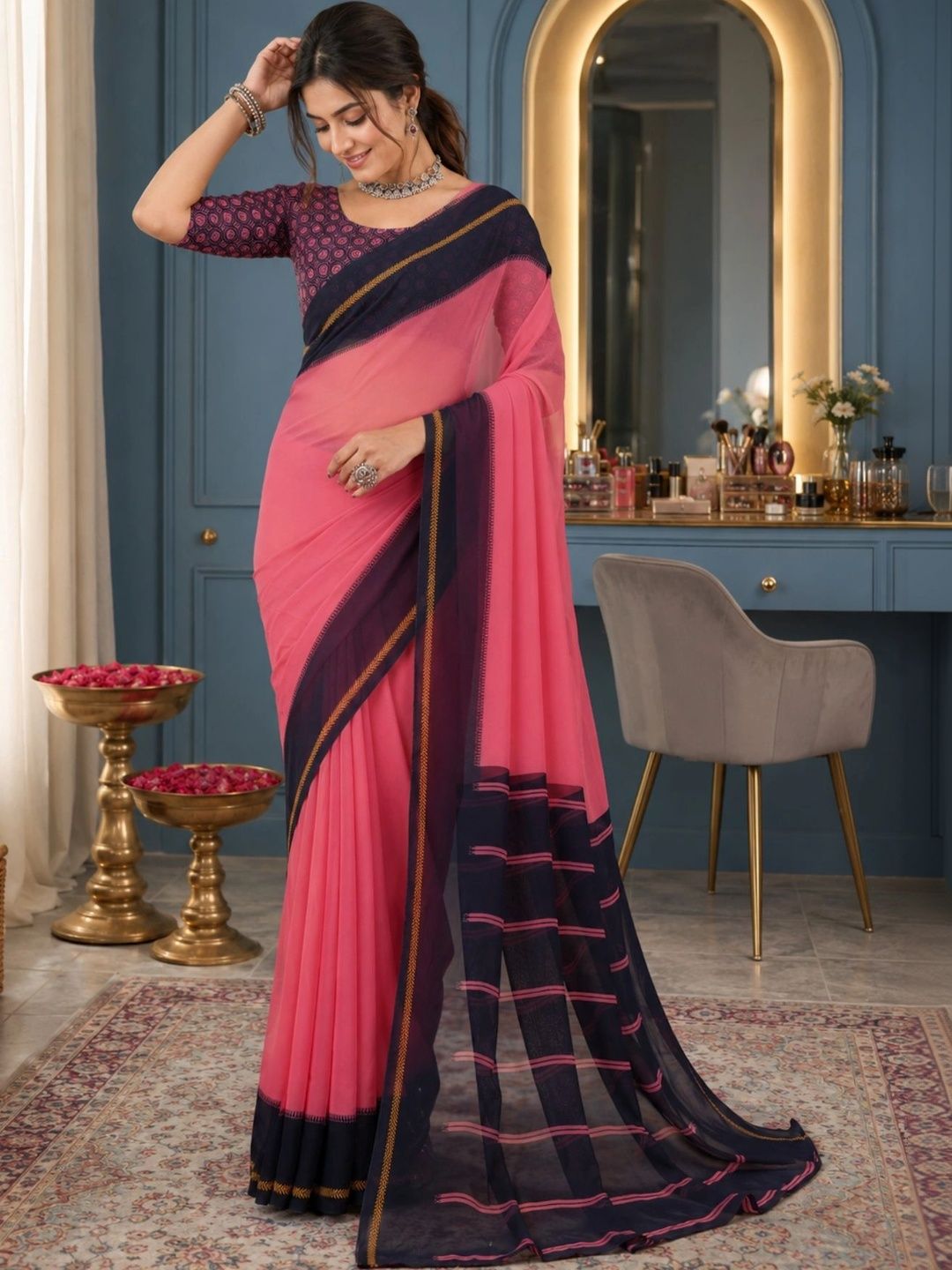 KALINI Striped Poly Georgette Saree-picture-29
