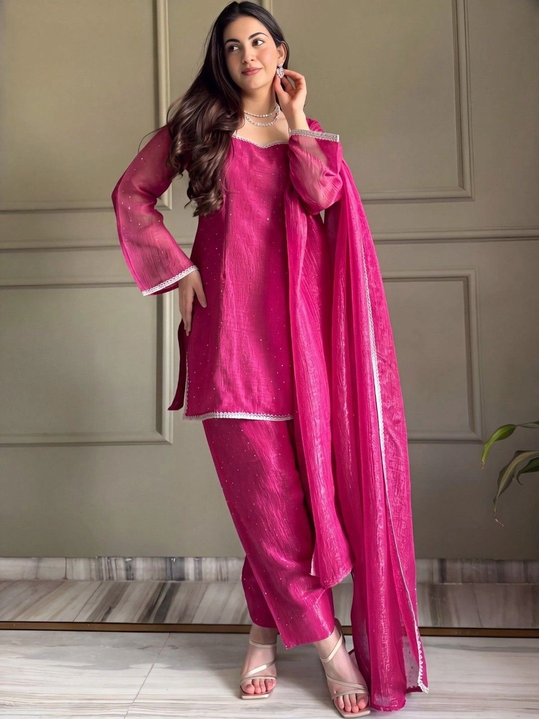 SHREEKALI Women Regular Silk Chiffon Kurta with Trousers & With Dupatta-picture-32