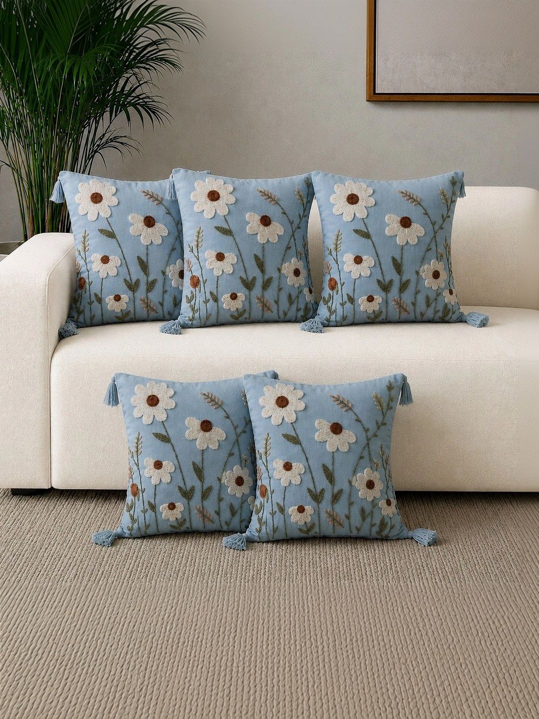 salajya anchla Navy Blue Set of 5 Floral Square Cushion Covers-image-46