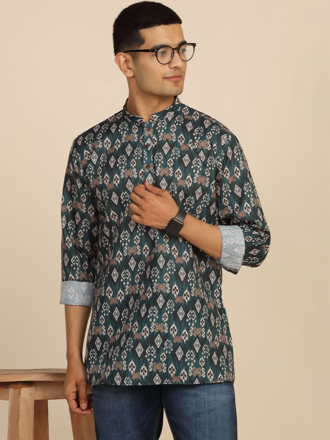 Anouk Mirage Ikkat Printed Green Roll-Up Sleeve Short Kurta-picture-46