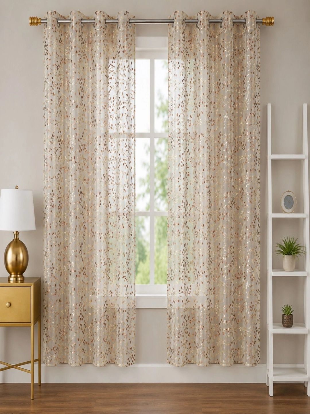 Aura Beige Set of 2 Floral Sheer Door Curtain-picture-33