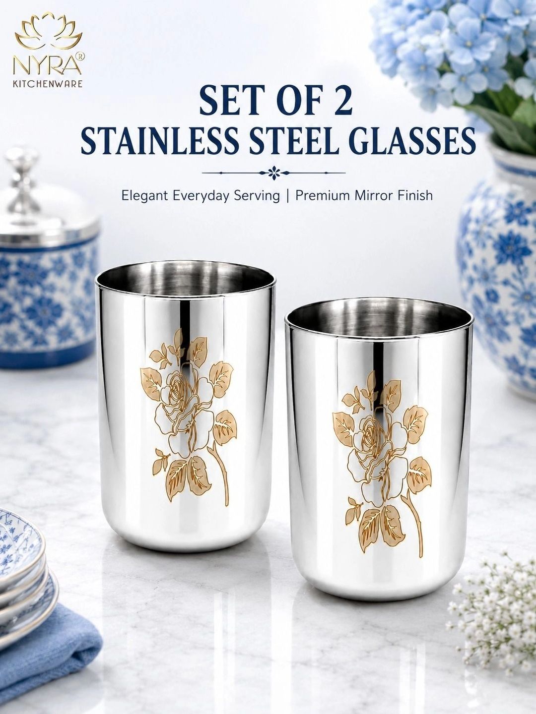 Nyra Kitchenware Silver-Toned 2 Pieces Floral Stainless Steel Water Glasses-400 ml Each-image-43