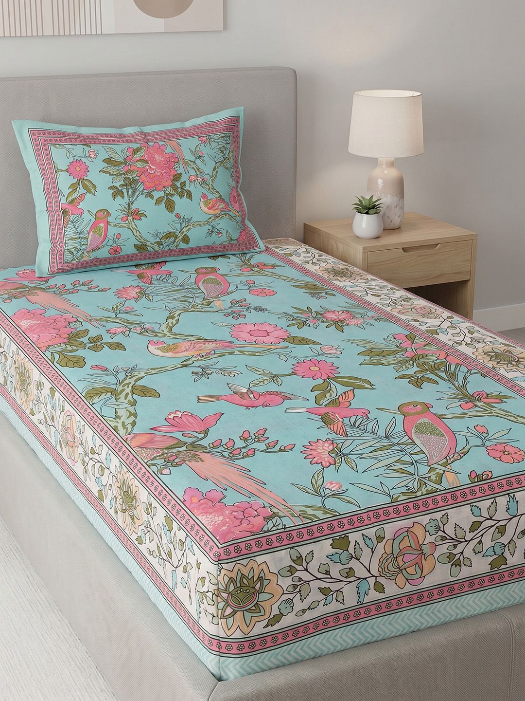 Mafatlal Teal & Pink Floral 144 TC Single Bedsheet with 1 Pillow