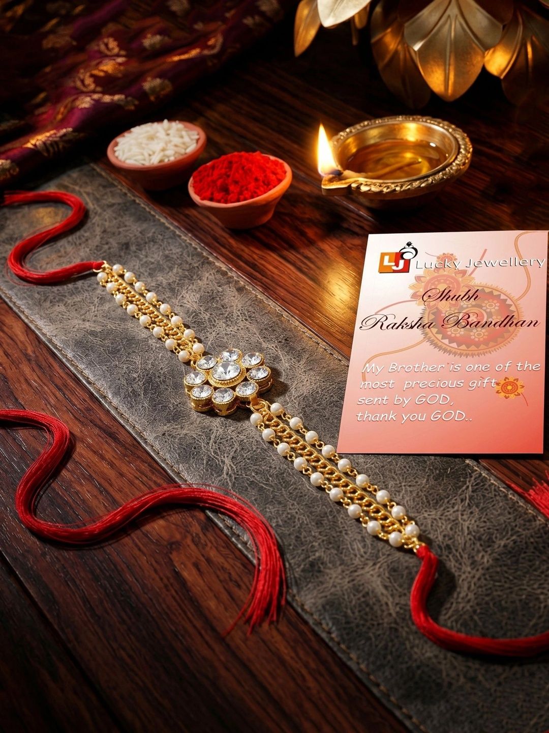 LUCKY JEWELLERY Set Of 3 Rakhi Gift Set With Roli-Chawal & Greeting Card-picture-50