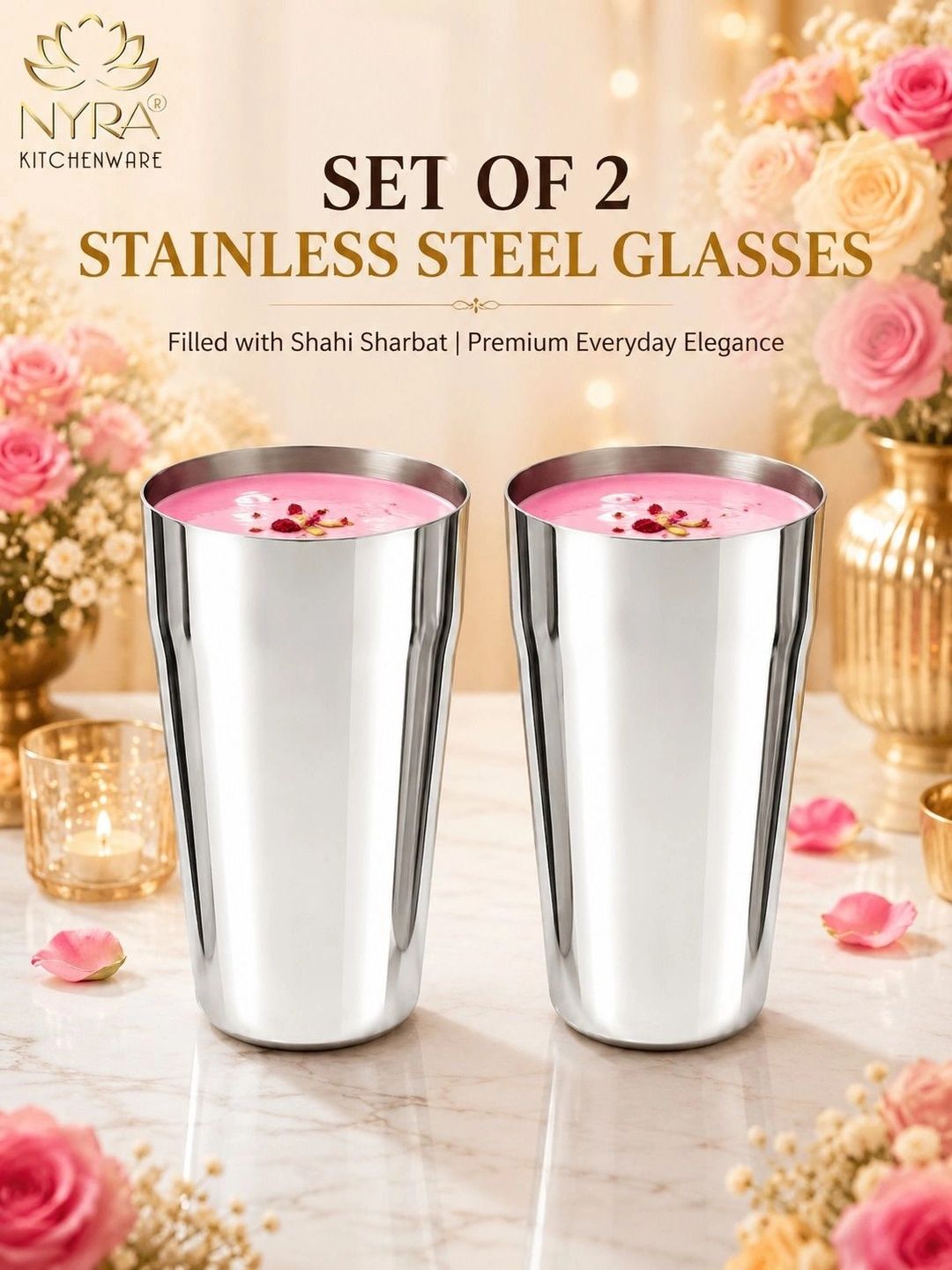 Nyra Kitchenware Silver-Toned 2 Pieces Stainless Steel Water Glasses- 650ml Each-image-37