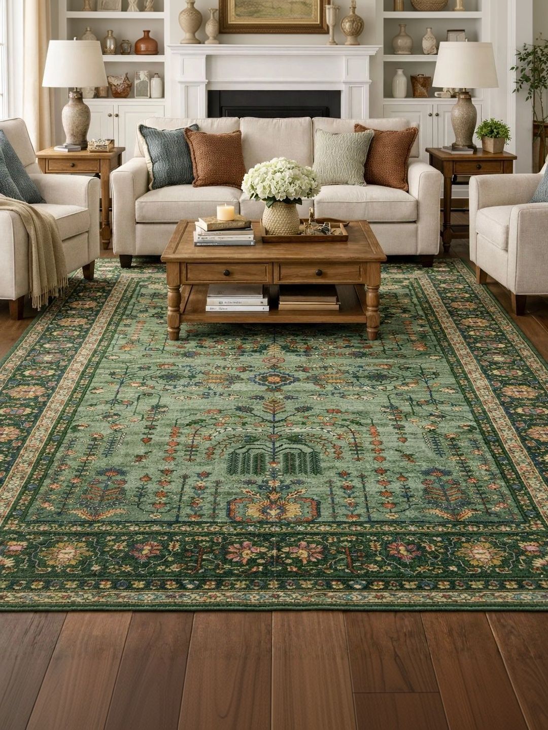 Myntra Elegant Homes Green Traditional Anti-Skid Polyester Carpet-picture-32