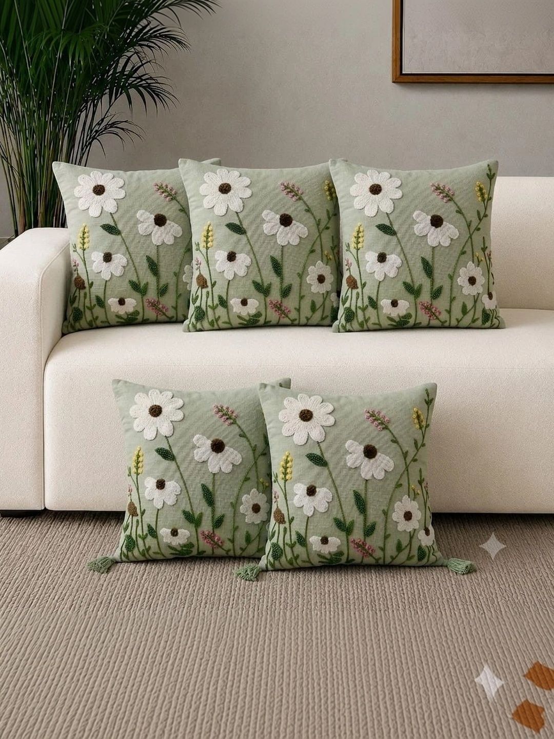 salajya anchla Sea Green Set of 5 Floral Square Cushion Covers-picture-38