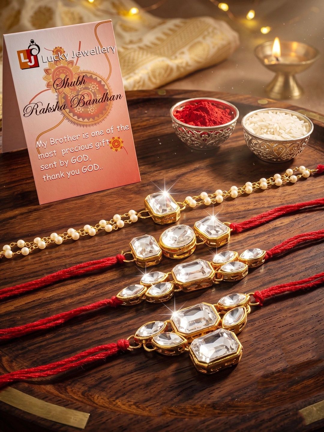 LUCKY JEWELLERY Set Of 6 Rakhi Gift Set With Roli-Chawal & Greeting Card-image-22