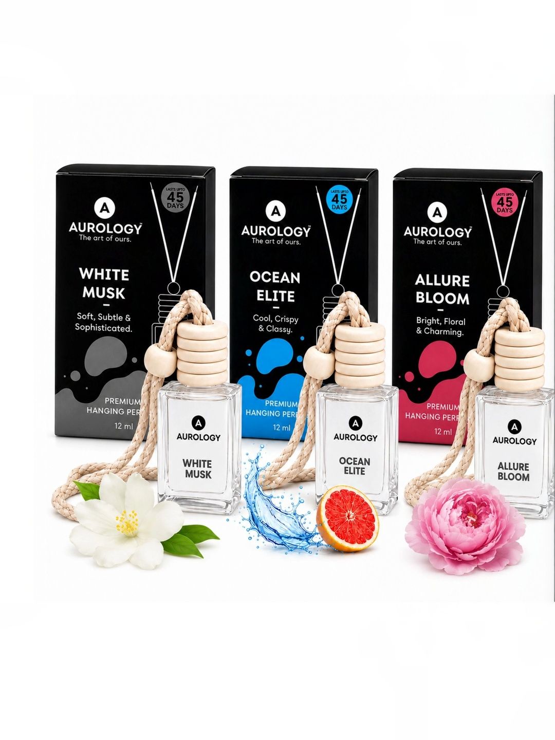 JEKUU Set Of 3 White Allure Bloom & Ocean Elite & White Musk Hanging Perfume - 12 ml Each-image-20