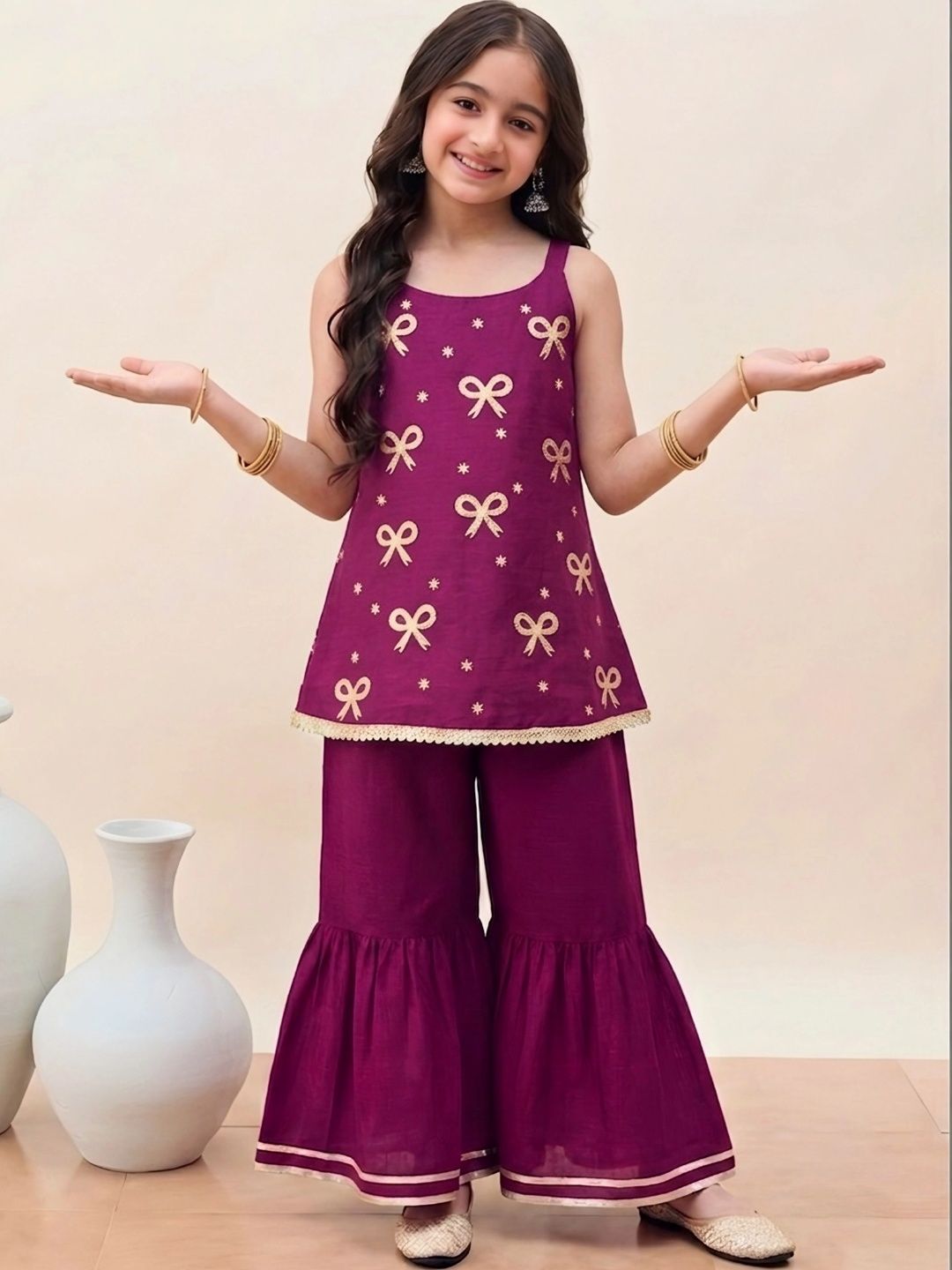 KidsFlower Girls Embroidered Regular Thread Work Kurta with Palazzos-picture-12