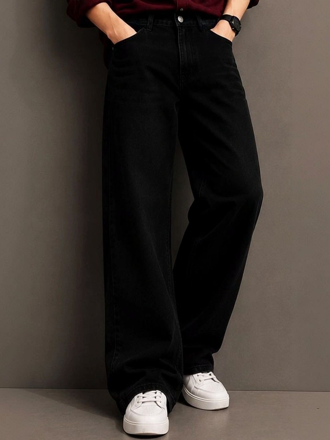 EVERFADE Men Wide Leg Mid-Rise Black Jeans-image-2