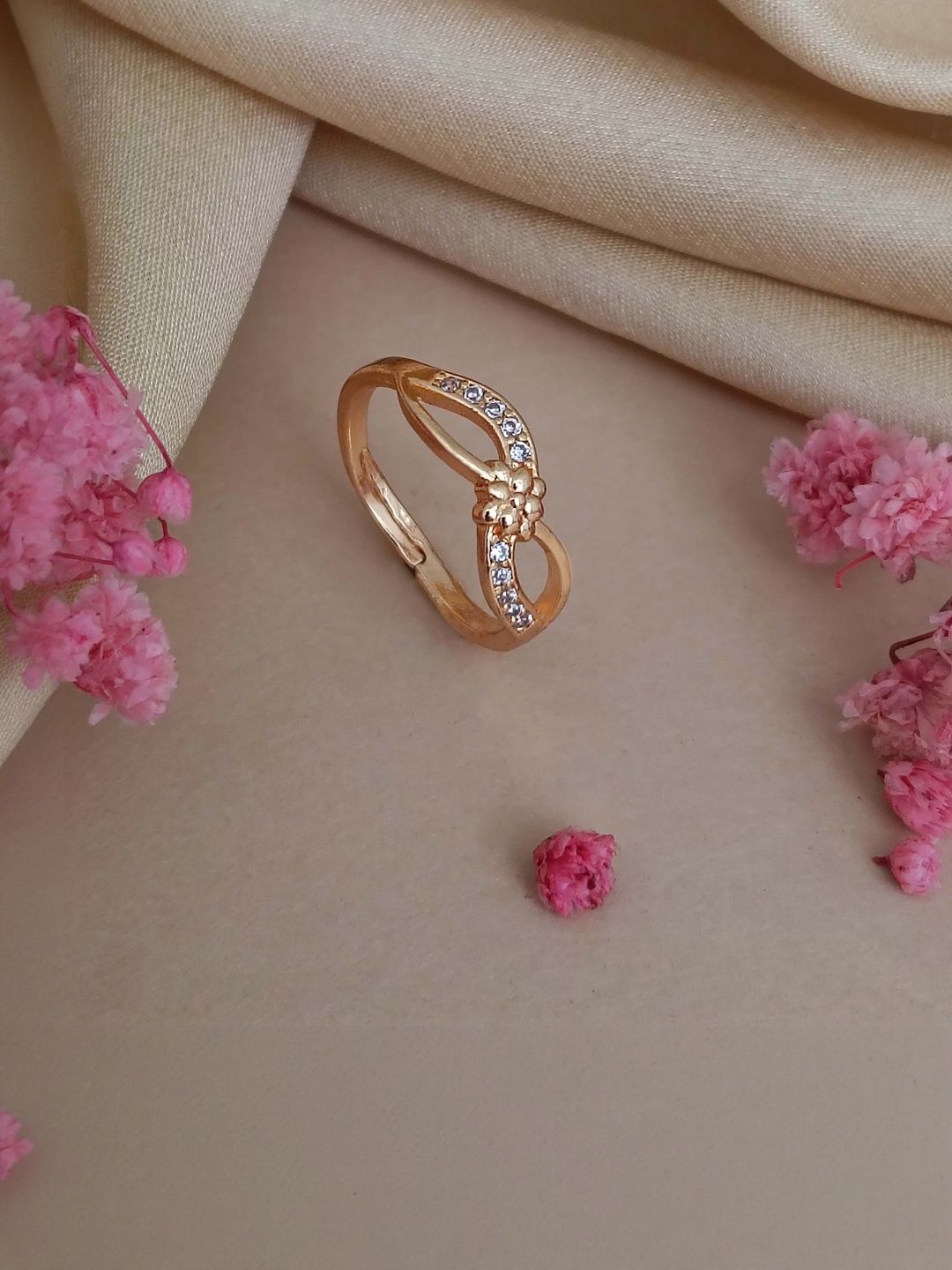Anouk Rose Gold-Plated American Diamond Stone Studded Floral Design Adjustable Finger Ring-image-37