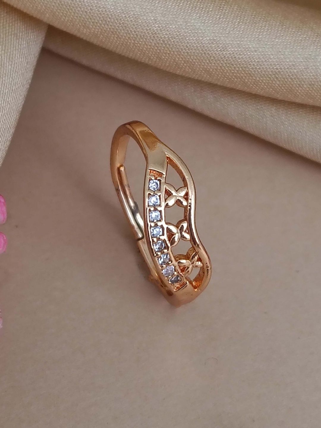 Anouk Rose Gold-Plated American Diamond Stone Studded Floral Design Adjustable Finger Ring-image-26
