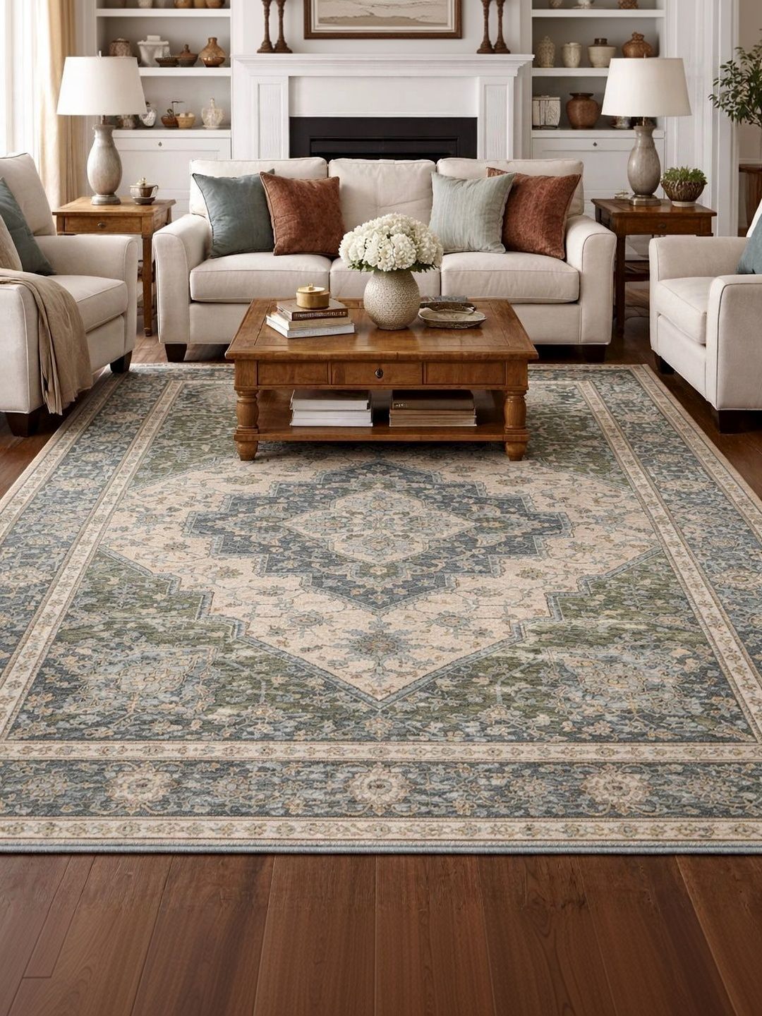 Myntra Elegant Homes Green Traditional Anti-Skid Polyester Carpet-picture-54