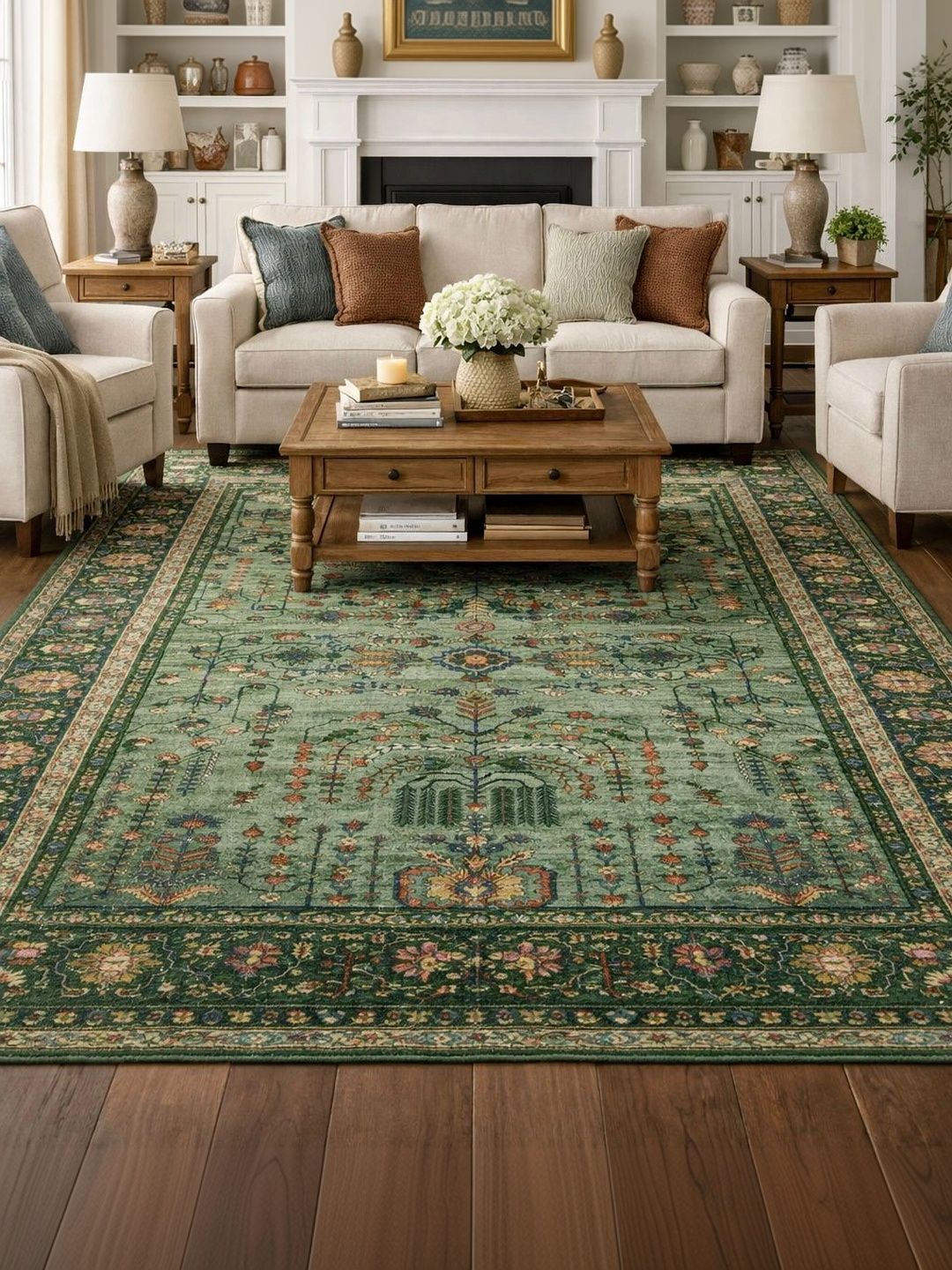 Myntra Elegant Homes Green Traditional Anti-Skid Polyester Carpet-picture-27